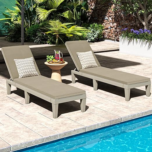 DWVO Outdoor Chaise Lounge with Cushion, Patio Chaise Lounge Chair Set of 2 w/ 5-Level Backrest, Lounge Chair for Garden, Pool, Beach and Patio, Easy Assembly & Lightweight (Taupe)