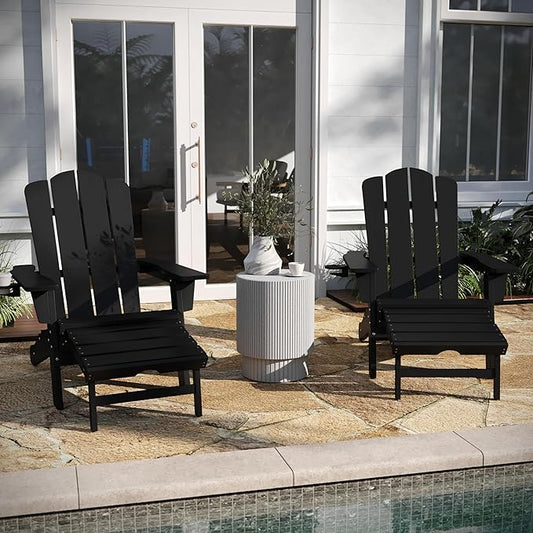 Taylor & Logan Hedley Adirondack Chair with Cup Holder and Pull Out Ottoman, All-Weather HDPE Indoor/Outdoor Lounge Chair in Black, Set of 2