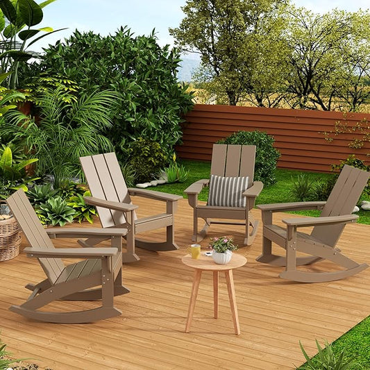 WestinTrends Ashore Patio Rocking Chairs Set of 4, All Weather Poly Lumber Plank Adirondack Rocker Chair, Modern Farmhouse Outdoor Rocking Chairs for Porch Garden Backyard and Indoor, Weathered Wood
