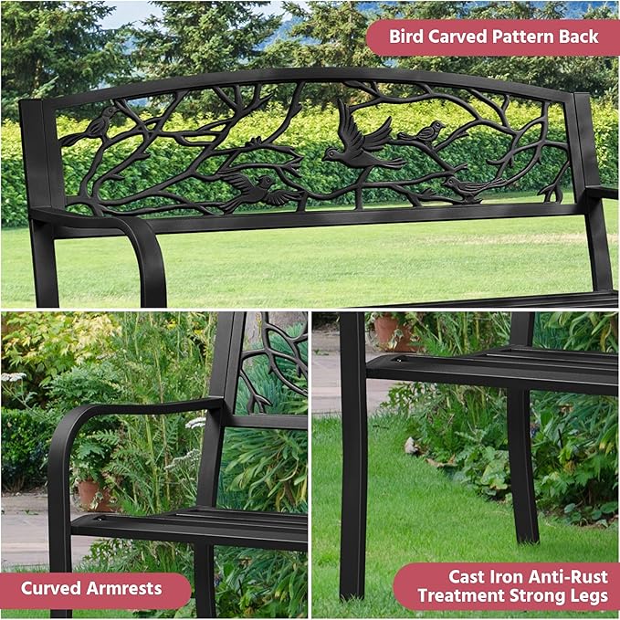 Topeakmart Garden Bench Outdoor Patio Bench for Outdoors Metal Porch Cast Iron Steel Outdoor Bench with Backrest and Armrests, Black