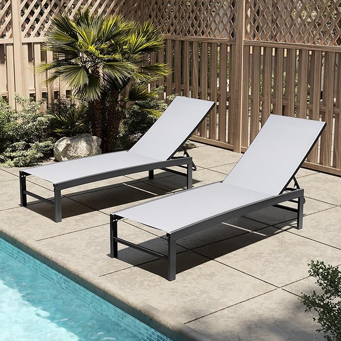 Patio Aluminum Chaise Lounge Chair, Set of 2 Outdoor Recliner Lounge Chair Sun Loungers, All Weather Chaise with 5 Adjustable Backrest and Lay Flat Positions for Garden, Balcony, Pool