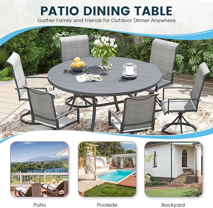 Patio Dining Table for 6-8, Round Metal Outdoor Table with 1.57" Umbrella Hole, 53" Outdoor Slat Tabletop Dining Table for Backyard, Porch, Lawn, Dark Grey