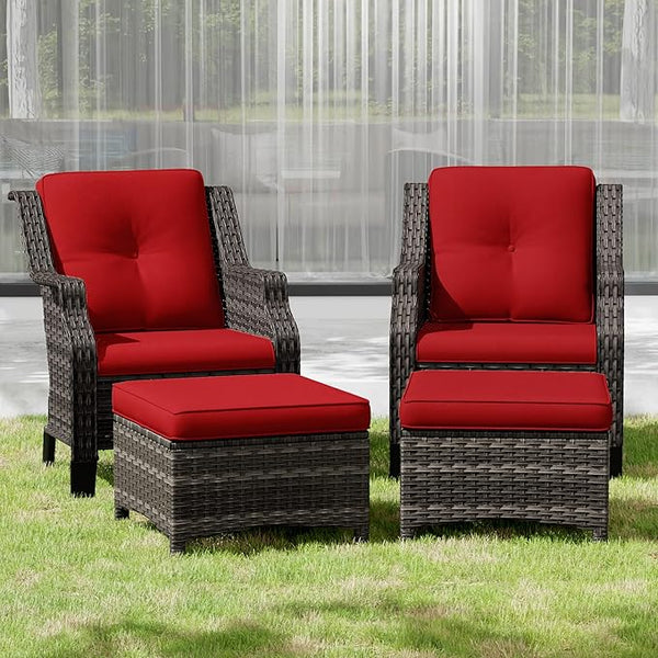 Wicker Patio Furniture Set - 4 Piece Rattan Outdoor Conversation Sets with 2 Wicker Patio Chairs, 2 Ottomans for Garden - Photo 1