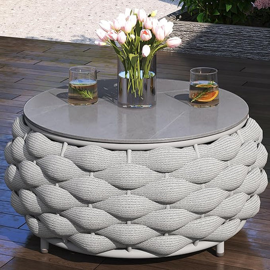 TWT Outdoor Coffee Table Round Centerpiece Table, Lightweight Accent Table with Hand Woven Rope Decor for Garden and Patio(Polyester Rope, Light Grey)