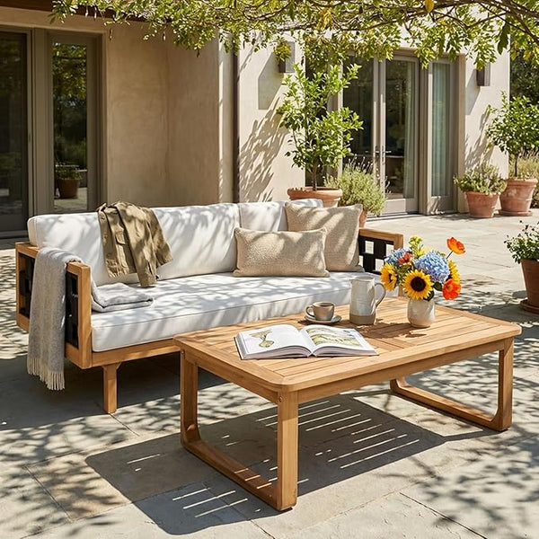 Merax Acacia Wood Outdoor Patio Furniture Set, 3-Seats Outdoor Daybed Sofa with Rectangular Coffee Table - Photo 1
