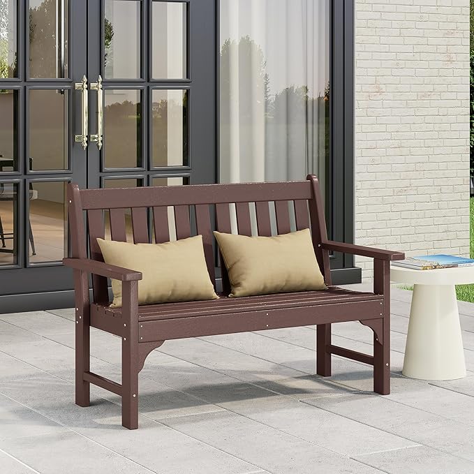 Costaelm Garden Bench, Farmhouse Park Front Porch for Entryway Bench Outdoor Seating Low Bench Patio Bench Outside/Indoor, Dark Brown