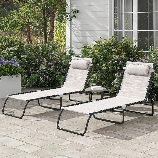 Outsunny Folding Chaise Lounge Chair Set of 2, Patio Sun Tanning Chair, Outdoor Chaise Lounger with 4-Position Reclining Back, Breathable Mesh Seat for Beach, Poolside, Cream