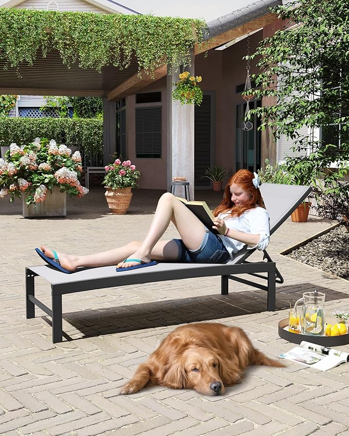 Crestlive Products Outdoor Lounge Chairs, Aluminum Pool Chaise Lounge Chairs, Adjustable Five-Position Tanning Recliner, All Weather for Patio, Beach, Yard, Pool (1PC Light Gray)