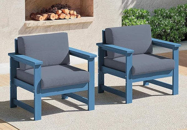 SERWALL 2 Pieces Single Cushioned Lounge Chair, Blue HDPE Outdoor Adirondack Sofa Armchair with Grey Cushion - Photo 1
