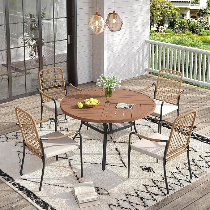 VICLLAX 40.6" Round Patio Table with Umbrella Hole, All Weather Metal Outdoor Dining Table for 4, Outside Table with Storage Shelf for Lawn Garden, Walnut Wood-Grain Finish