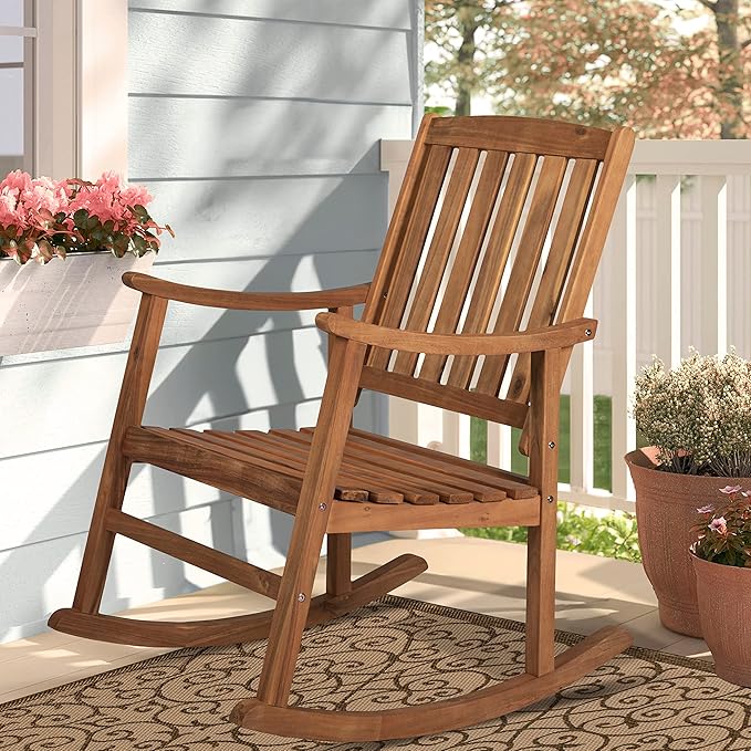 JONATHAN Y RCK102A Penny Classic Slat-Back 300-Lbs Support Acacia Wood Patio Outdoor Rocking Chair for Garden, Lawn, Backyard, Pool, Deck, Beach, Firepit, Teak
