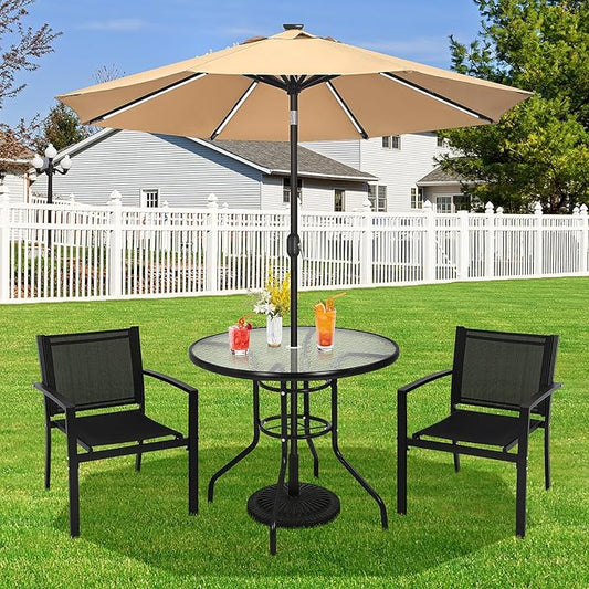 BSTOPHKL 32" Outdoor Patio Table with Umbrella Hole Round Outdoor Coffee Table Tempered Glass Top, All Weather Dining Table Bistro Table Suitable for Backyards, Balconies, Gardens and Lawns (Round)