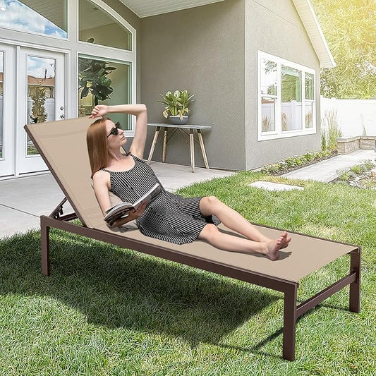 COSTWAY Lounge Chair Outdoor, Aluminum Frame Chaise Lounge with 6-Position Adjustable, Breathable Fabric, Lightweight Patio Pool Lounger for Tanning (1, Brown)