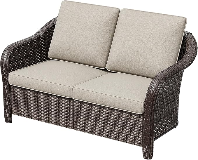 55" Outdoor Loveseat Wicker 2-seat Sofa with Removable Cushions, Conversation Patio Furniture, PE Rattan Couch, Steel Frame Couch with Cushions for Backyard, Deck (Beige)