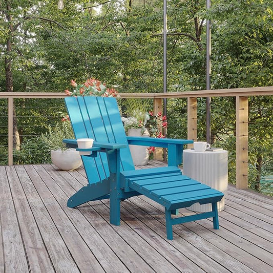 Flash Furniture Halifax Poly Resin Adirondack Chair with Cup Holder and Pull Out Ottoman, All-Weather Poly Resin Indoor/Outdoor Lounge Chair, Blue