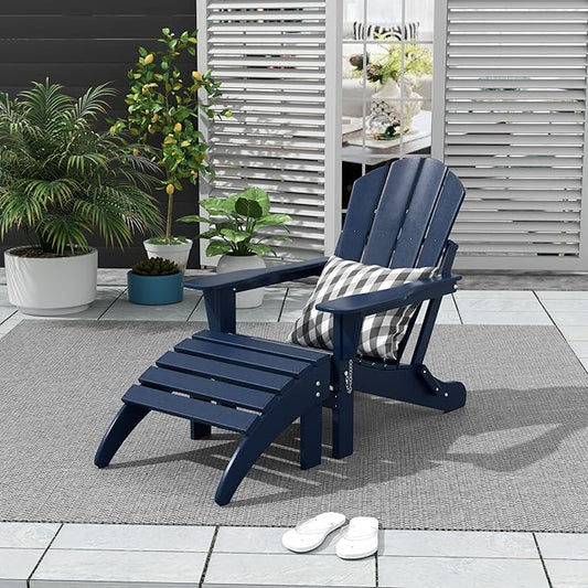 WO Home Furniture Adirondack Chair Outdoor Ottoman Set of 2 PCS Classic Patio Furniture (Navy Blue)