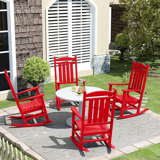 Costaelm Oversized Outdoor Rocking Chair, High Back Porch Rocker Chair, HDPE All Weather Resistant Outdoor Seating Furniture Wide Rocker Chair for Patio, Lawn, Garden, Red
