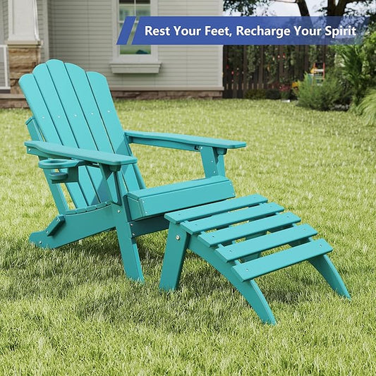 FOOWIN Folding Adirondack Ottoman Set of 4, HDPE All Weather Adirondack Footrests, Ottoman for Adirondack Chair,Patio Footstool for Outside Easy Storage,for Patio, Backyard, Porch, Garden, Lake Blue