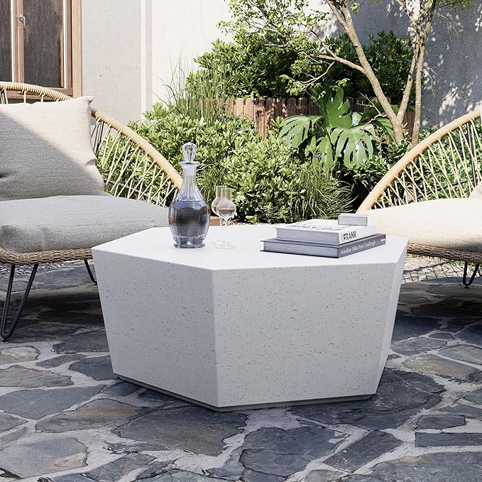 UPHA 35" Hexagon Outdoor Coffee Table, Modern Hollow Concrete Patio Table, Small Minimalist Low Accent Table for Living Room, Balcony, Deck, Backyard, Off-White