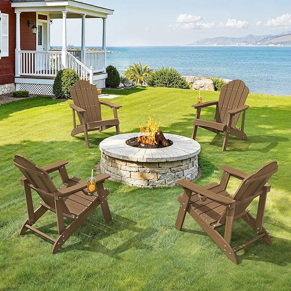 LUE BONA Wood-Grain HDPE Adirondack Chairs Set of 6 - Weather Resistant Outdoor Seating with Cup Holder, Ideal for Cabin - Photo 1