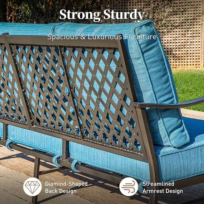 Metal Patio Furniture Sofa with 5.75" Extra Thick Waterproof Cushion, 3-Seater Deep Seating & High-Back Outdoor Couch All Weather Outdoor Seating for Backyard Deck Front Porch, Blue-2