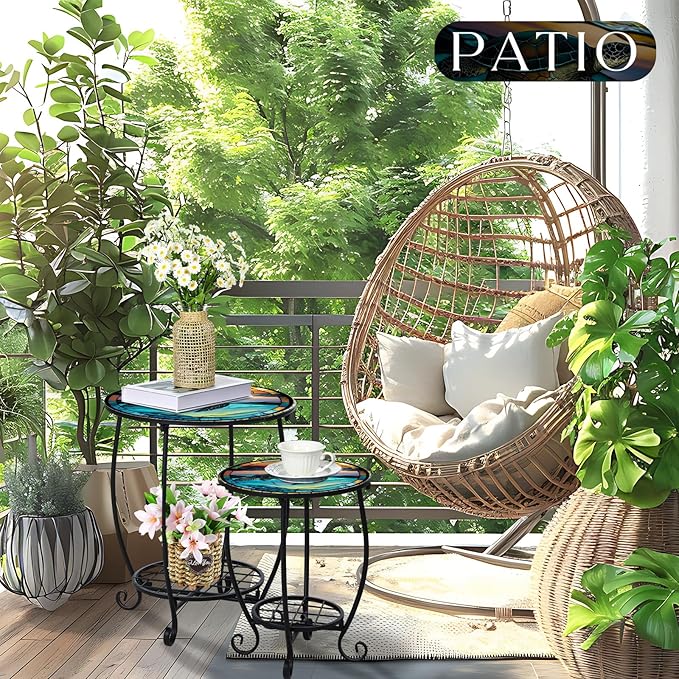 2 Pcs Outdoor Side Table Small Patio Round Mosaic Accent End Table Indoor Plant Metal Coffee Tea Tables for Patio Yard Porch Garden Living Room(12" and 16",Turtle Style)