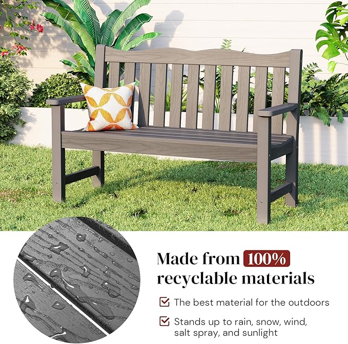Stoog 3 Piece Outdoor Bench & Outdoor Chairs Set, All-Weather HIPS Patio Furniture Set, Include 1 Patio Bench and 2 Patio Chairs, Grey