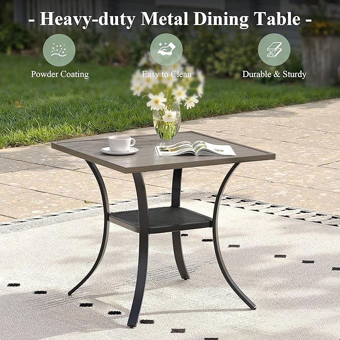 Outdoor Dining Table with Storage Shelf, 27.5" All-Weather Square Patio Dining Table for 2, Metal Patio Table for Garden Lawn Porch Deck Yard, Grey