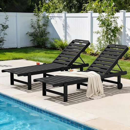 SERWALL Outdoor Chaise Lounge Set of 2, All-Weather HDPE Pool Lounge Chairs with 5-Position Adjustable Reclining Backrest, Rolling Wheels & Cup Holder for Poolside, Black