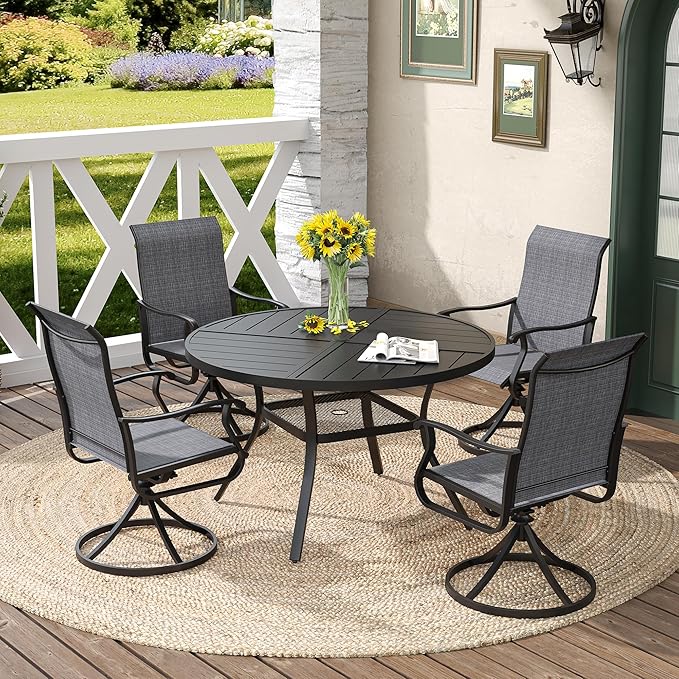 DIFY 40.6" Round Outdoor Patio Dining Table for 4, Metal Patio Table with 1.57" Adjustable Umbrella Hole, All-Weather Outdoor Furniture Table for Garden Backyard Deck, Black