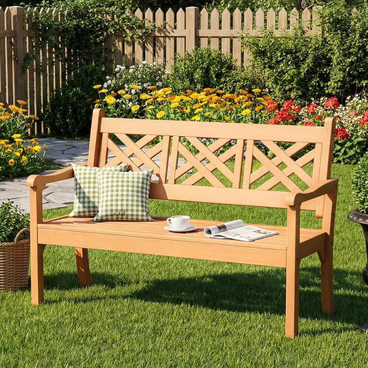 Psilvam 54''W All-Weather Poly Lumber Outdoor Bench, 3-Person Garden Bench with Decorative Backrest & Curved Armrests, Anti-Rot & Fade-Free Patio Bench for Porch, Backyard(Teak Color)