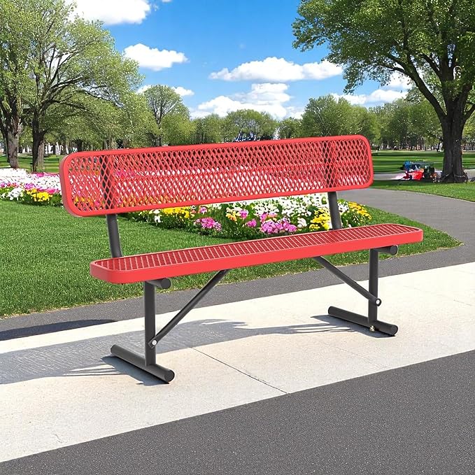 8FT Park Bench for Outside Heavy Duty Metal Mesh Bench with Back Portable Frame, Commercial Steel Bench Outdoor Garden Benches for Lawn, Park, Deck, Garden, Patio, Porch (Red, 8FT)