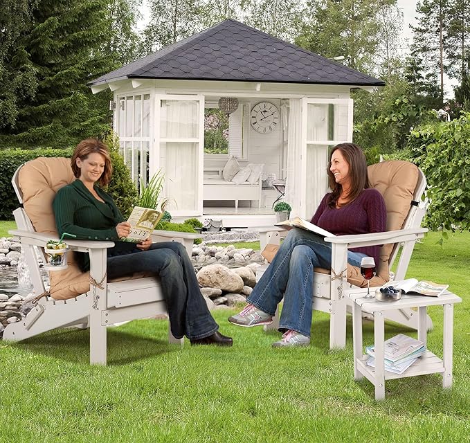 nalone Folding Adirondack Chairs Set of 2 with Cushion with Cup Holder, HDPE Plastic Oversized Patio Chair Weather Resistant, Used in Outdoor, Fire Pit, Deck, Garden, Campfire Chairs (White)