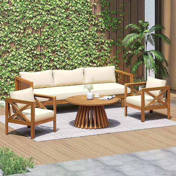 Merax Outdoor 4-Piece Acacia Wood Conversation Set - Patio 3-Seat Loveseat Sofa w/Coushion - Photo 1