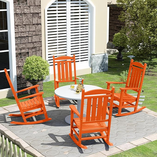 Costaelm Oversized Outdoor Rocking Chair, High Back Porch Rocker Chair, HDPE All Weather Resistant Outdoor Seating Furniture Wide Rocker Chair for Patio, Lawn, Garden, Orange