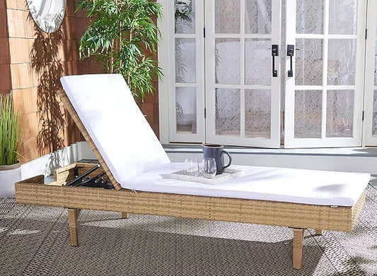 SAFAVIEH Outdoor Collection Cam Natural Brown Wicker/White Cushion Adjustable Chaise Lounge Chair, Black/Beige (PAT7501D)