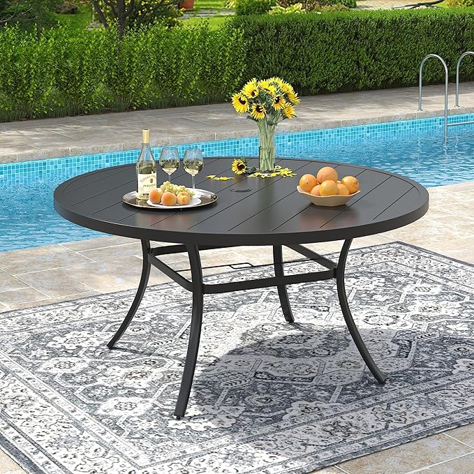 VICLLAX 50" Outdoor Round Patio Dining Table for 4-6, All Weather Metal Dining Table with Umbrella Hole for Deck Lawn Garden Backyard, Black
