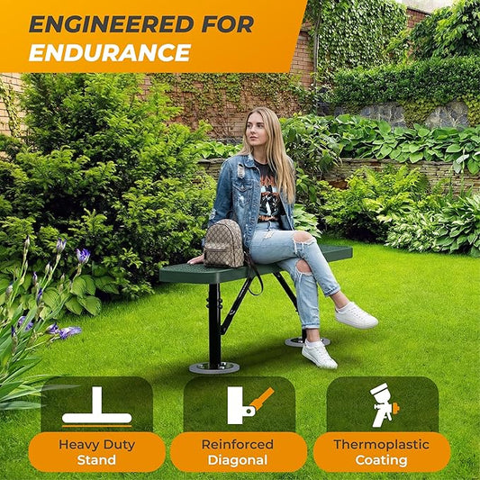 Heavy-Duty Outdoor Metal Bench, Thermoplastic-Coated, Surface, Weatherproof, Commercial-Grade for Parks, Gardens, Patios, Stores & More (4 Ft - Surface, Green)