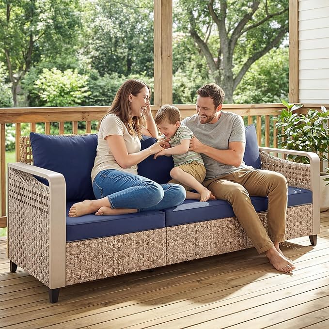 Outsunny Outdoor Patio Couch with Wide and Deep Seat, 3 Seater Wicker Outdoor Sofa with Wide Metal Armrests, Patio Furniture Couch with Cushions for Porch, Garden, Backyard, Dark Blue | Removable Covers