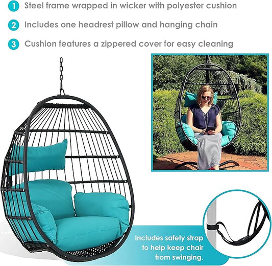 Sunnydaze Dalia Black Steel and Polyethylene Wicker Hanging Egg Chair with Teal Polyester Seat Cushions - 45-Inch Tall