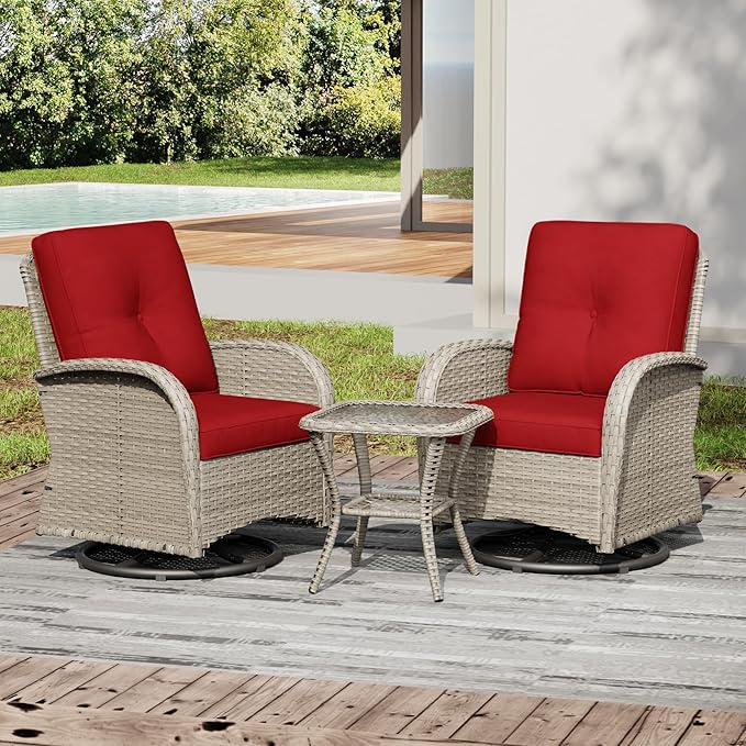 Joyside Outdoor Swivel Rocker Chairs, 3 Piece Wicker Patio Set with Thickened Cushions, High Back, Deep Seating, Wide Armrest, Outdoor Swivel Chairs for Porch, Deck