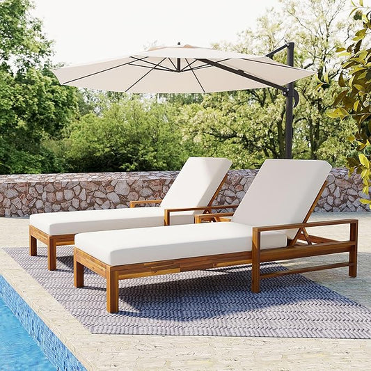 Outdoor Acacia Wood Chaise Lounges with Adjustable Backrest and Cushion, Patio Reclining Lounge Chair for Porch Backyard Balcony Poolside (Natural+Beige)