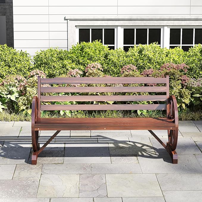 FIZZEEY Outdoor Bench - 52" Long Outside Garden Bench with Slatted Backrest & Wagon Wheel Armrests, Porch Furniture for Porch, Yard, Lawn, Rustic Brown