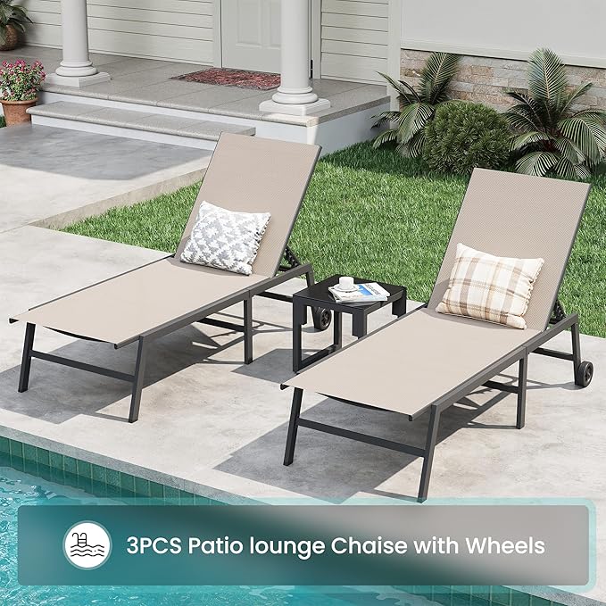 Amopatio 3 Piece Patio Lounge Chairs Set 2 Pool Chaise Lounges with Wheels and 1 Side Table 5-Position Adjustable Lounge Furniture with Heavy-Duty Steel for Backyard Poolside,400 LBS Capacity, Khaki