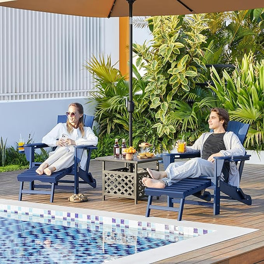 Yaheetech Adirondack Chair with Retractable Ottoman, All Weather Patio Folding Fire Pit Chair with Cup Holder and Phone Holder for Outdoor Poolside, Navy Blue
