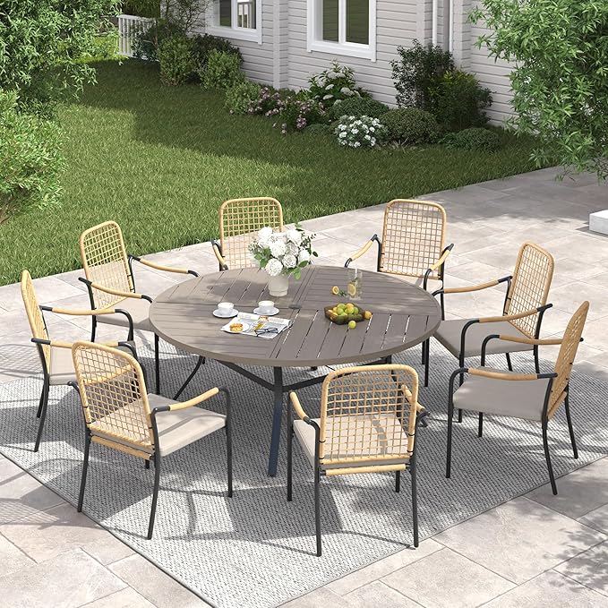 VICLLAX 53" Round Patio Table with Umbrella Hole, All Weather Metal Outdoor Dining Table for 6-8, Outside Table for Lawn Garden, Grey Wood-Grain Finish