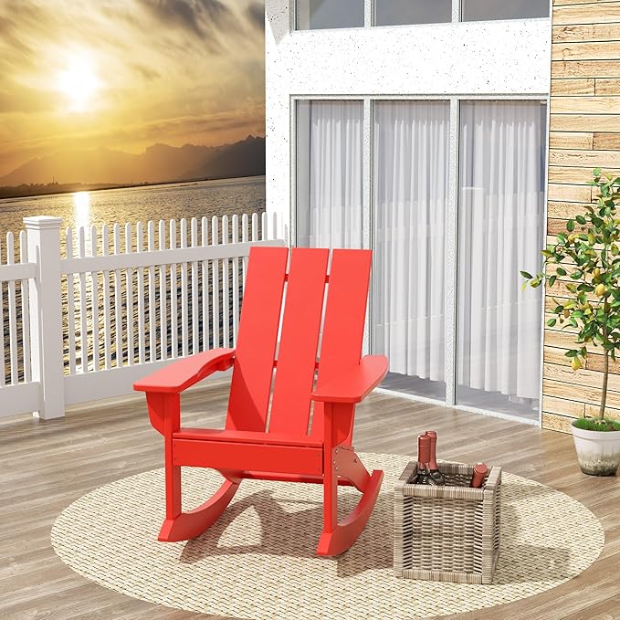 Costaelm Outdoor Adirondack Chair, All Weather Resistant Lawn Chairs Balcony Chair and Fire Pit Chairs, Patio Chair Outdoor Porch Rocking Chair High Back HDPE Poly Lumber, Red