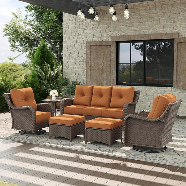 6 Piece Patio Furniture Set, All-Weather Wicker Outdoor Conversation Set with Swivel Rocking Chair and 6 Inch Thick - Photo 1