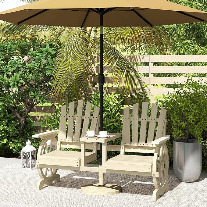 Outsunny Wooden Garden Bench with Table, Umbrella Hole, 2-Seat Wagon Wheel Outdoor Bench with Slatted Seat, High Backrest, Armrests for Backyard, Patio, Garden, Natural Wood