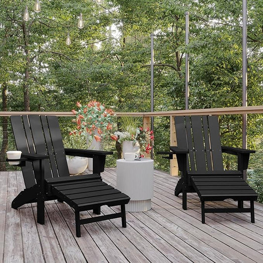 Flash Furniture Halifax Poly Resin Adirondack Chair with Cup Holder and Pull Out Ottoman, All-Weather Poly Resin Indoor/Outdoor Lounge Chair, Set of 2, Black